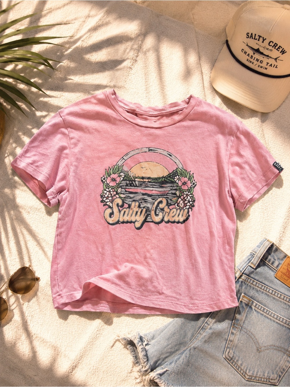 Salty Crew Pink Graphic Crop Tee Small Beach Sunset Floral